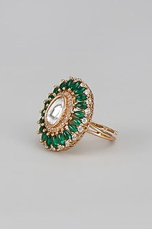 Gold Finish Kundan Polki & Green Stone Ring