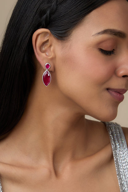 White Rhodium Finish Ruby Stone Dangler Earrings