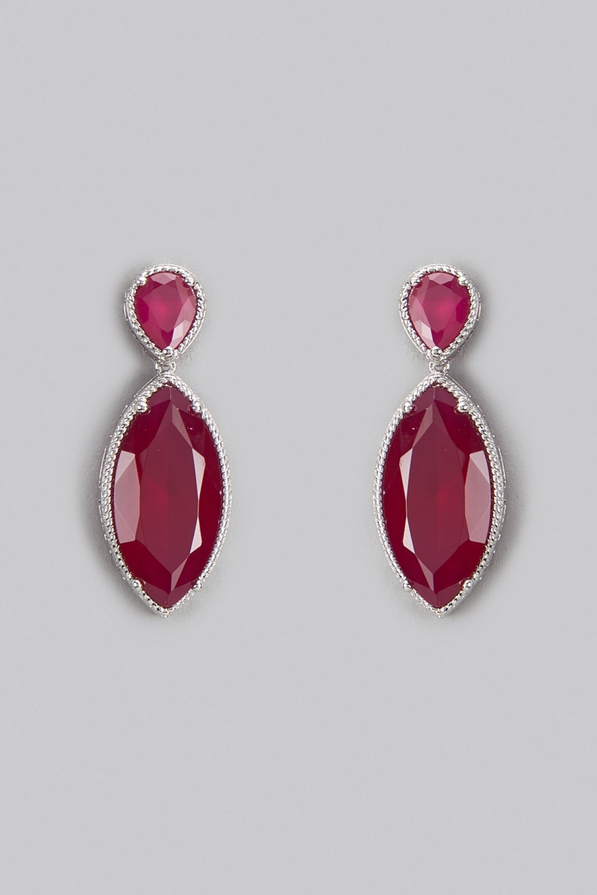 White Rhodium Finish Ruby Stone Dangler Earrings