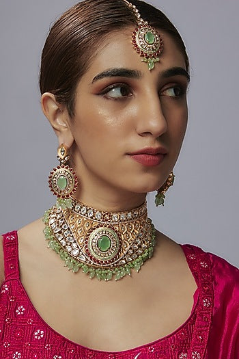 Gold Finish Uncut & Ruby Stone Choker Necklace Set