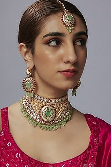 Gold Finish Uncut & Ruby Stone Choker Necklace Set