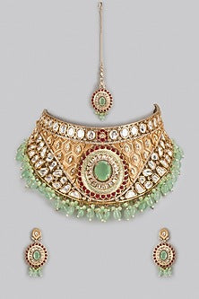 Gold Finish Uncut & Ruby Stone Choker Necklace Set