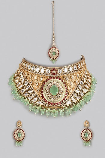 Gold Finish Uncut & Ruby Stone Choker Necklace Set
