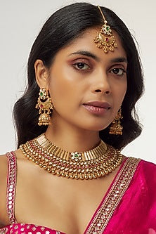 Gold Finish Kundan Polki & Ruby Stone Choker Necklace Set