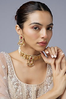 Gold Finish Uncut & Ruby Stone Choker Necklace Set