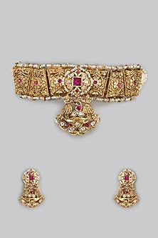 Gold Finish Uncut & Ruby Stone Choker Necklace Set