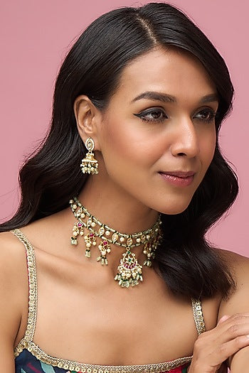 Gold Finish Kundan Polki & Pearl Choker Necklace Set