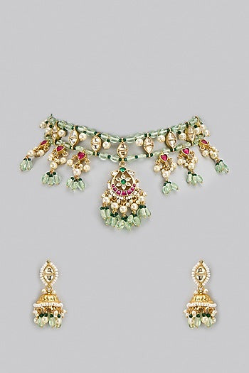 Gold Finish Kundan Polki & Pearl Choker Necklace Set