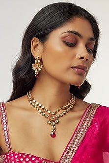Gold Finish Kundan Polki & Ruby Stone Long Necklace Set