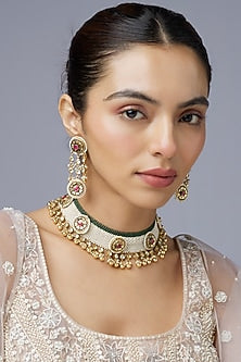 Gold Finish Kundan Polki & Moti Choker Necklace Set