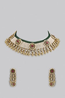 Gold Finish Kundan Polki & Moti Choker Necklace Set