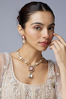 Gold Finish Uncut Stone Long Necklace Set