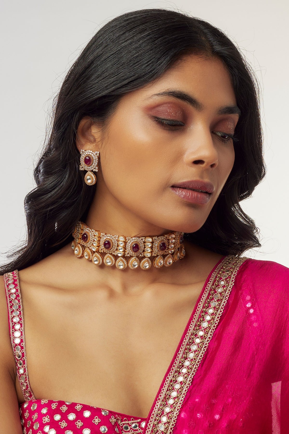 Gold Finish Kundan Polki & Amethyst Stone Choker Necklace Set
