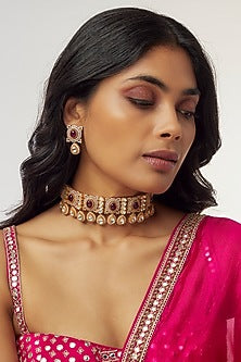 Gold Finish Kundan Polki & Amethyst Stone Choker Necklace Set