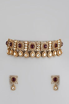 Gold Finish Kundan Polki & Amethyst Stone Choker Necklace Set