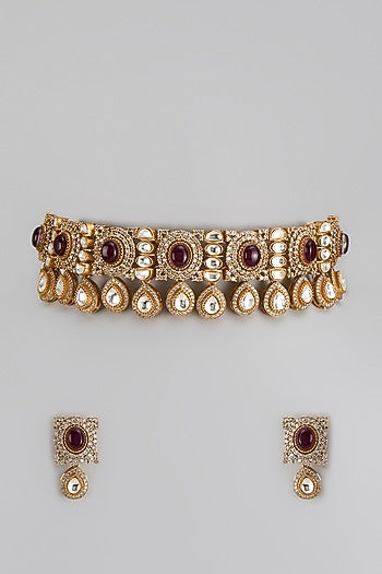 Gold Finish Kundan Polki & Amethyst Stone Choker Necklace Set