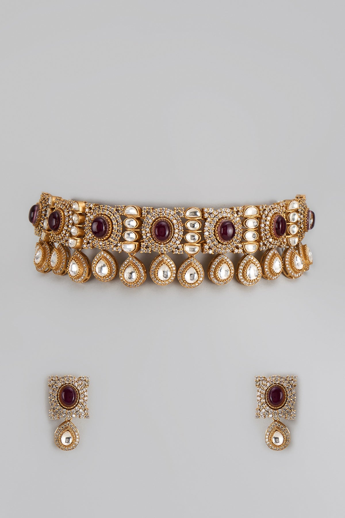 Gold Finish Kundan Polki & Amethyst Stone Choker Necklace Set