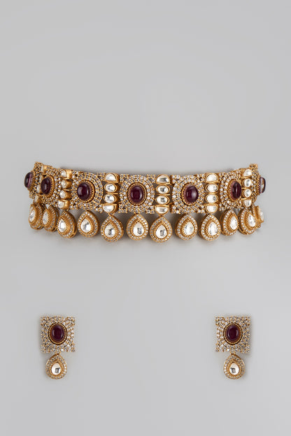 Gold Finish Kundan Polki & Amethyst Stone Choker Necklace Set