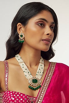 Gold Finish Moti & Emerald Stone Beaded Mala Set