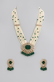 Gold Finish Moti & Emerald Stone Beaded Mala Set