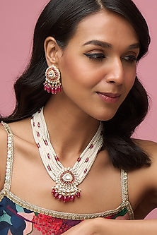 Gold Finish Ruby Stone & Pearl Long Necklace Set