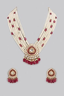 Gold Finish Ruby Stone & Pearl Long Necklace Set