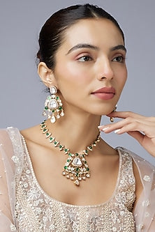 Gold Finish Uncut Stone & Emerald Stone Long Necklace Set