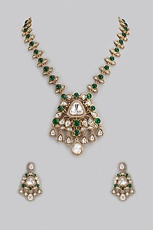 Gold Finish Uncut Stone & Emerald Stone Long Necklace Set