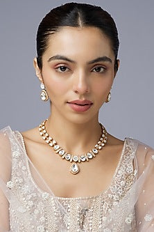 Gold Finish Uncut Stone Long Necklace Set