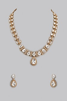 Gold Finish Uncut Stone Long Necklace Set