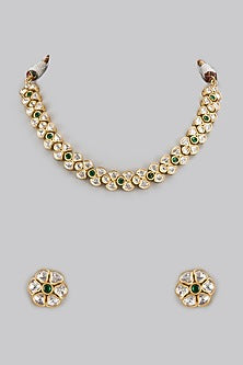 Gold Finish Uncut & Emerald Stone Long Necklace Set