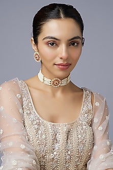 Gold Finish Kundan Polki & Pearl Choker Necklace Set