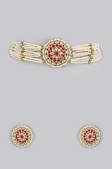 Gold Finish Kundan Polki & Pearl Choker Necklace Set