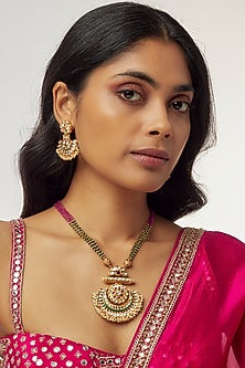 Gold Finish Red Synthetic Stone Beaded Mala Set