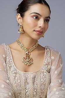 Gold Finish Red & Emerald Moti Long Necklace Set