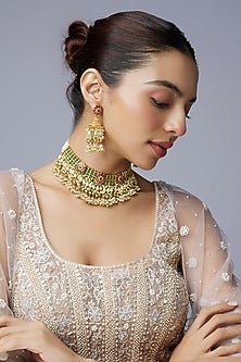 Gold Finish Kundan Polki & Moti Choker Necklace Set