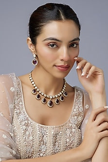 Black Rhodium Finish Uncut & Wine Stone Choker Necklace Set