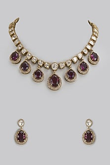 Black Rhodium Finish Uncut & Wine Stone Choker Necklace Set