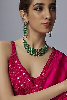 White Rhodium Finish Emerald & Diamond Layered Necklace Set