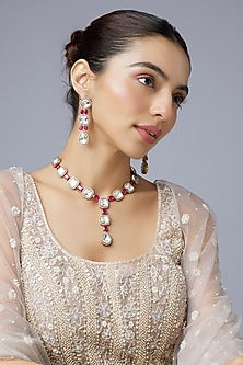 Black Rhodium Finish Uncut & Ruby Stone Long Necklace Set