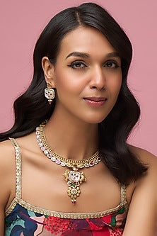 Gold Finish Ruby Stone & Mother Of Pearl Long Necklace Set