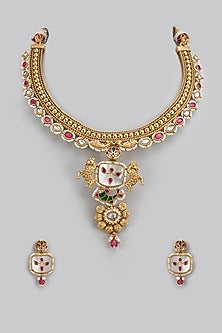 Gold Finish Ruby Stone & Mother Of Pearl Long Necklace Set