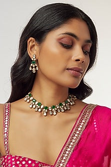 Black Rhodium Finish Kundan Polki & Emerald Synthetic Stone Choker Necklace Set