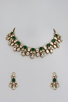 Black Rhodium Finish Kundan Polki & Emerald Synthetic Stone Choker Necklace Set