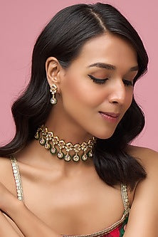 Gold Finish Emerald Moti Choker Necklace Set