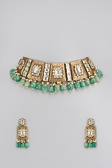 Gold Finish Kundan Polki & Emerald Synthetic Stone Choker Necklace Set
