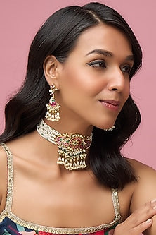 Gold Finish Stone & Pearl Choker Necklace Set