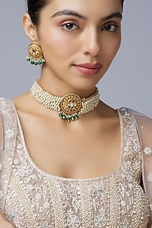 Gold Finish Beaded & Pearl Choker Necklace Set