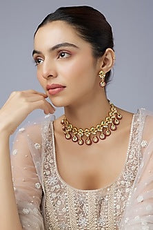 Gold Finish Moti & Uncut Stone Choker Necklace Set