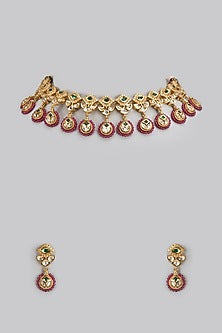 Gold Finish Moti & Uncut Stone Choker Necklace Set